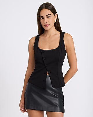 Scoop Neck Asymmetrical Button Tailored Tank Stretch Cotton