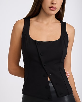 Scoop Neck Asymmetrical Button Tailored Tank Stretch Cotton