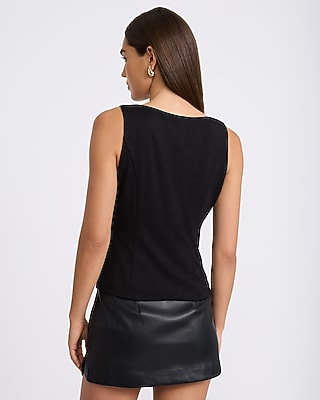 Scoop Neck Asymmetrical Button Tailored Tank Stretch Cotton