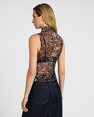 Mesh Leopard Mock Neck Ruched Tank - image 3