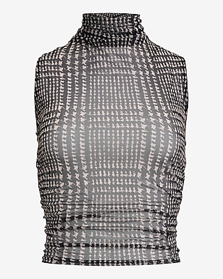 Mesh Houndstooth Mock Neck Ruched Tank - image 5