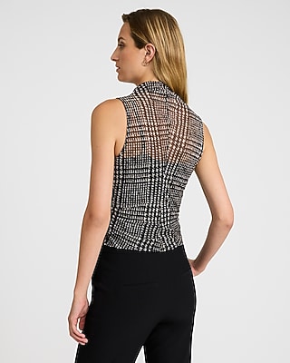 Mesh Houndstooth Mock Neck Ruched Tank - image 2