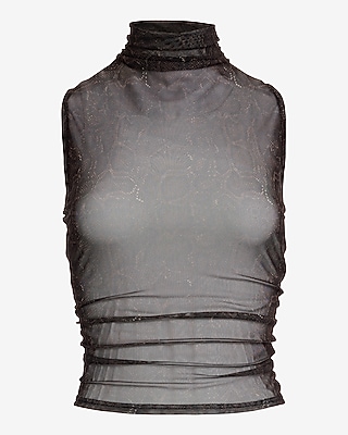 Mesh Snake Print Mock Neck Ruched Tank | Express
