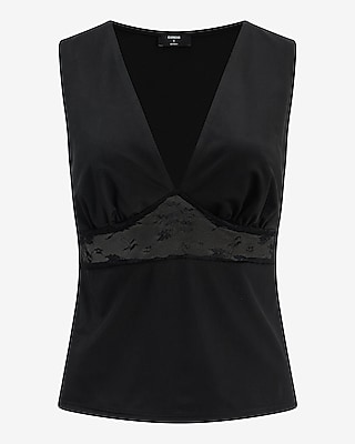 Satin Lace Pieced V-Neck Tank