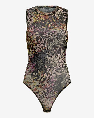 Sheer Mesh Printed Crew Neck Sleeveless Bodysuit
