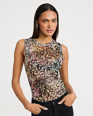 Sheer Mesh Printed Crew Neck Sleeveless Bodysuit