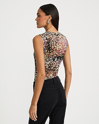 Sheer Mesh Printed Crew Neck Sleeveless Bodysuit