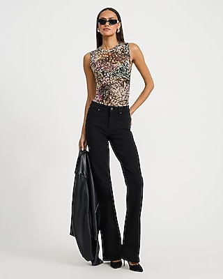 Sheer Mesh Printed Crew Neck Sleeveless Bodysuit