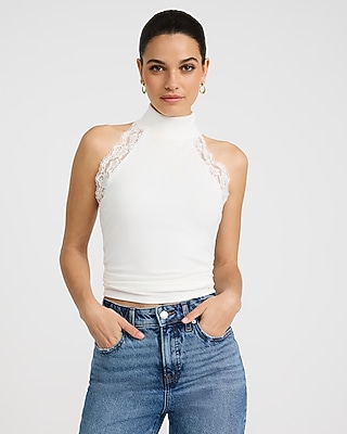 Halter Mock Neck Lace Trim Top