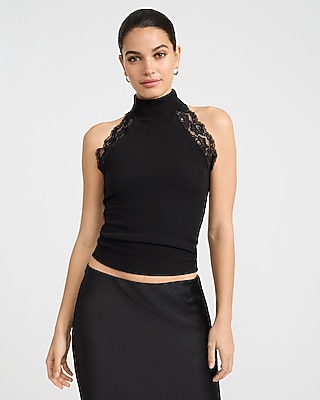 Halter Mock Neck Lace Trim Top | Express
