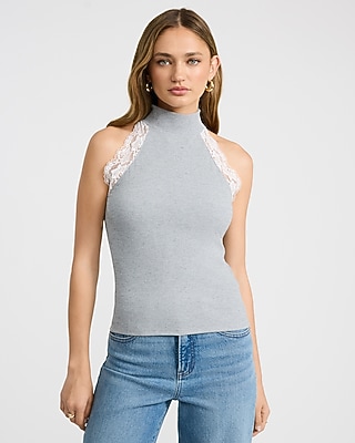 Halter Mock Neck Lace Trim Top