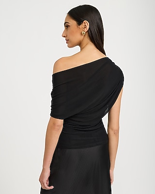 Mesh Asymmetrical One Shoulder Ruched Top