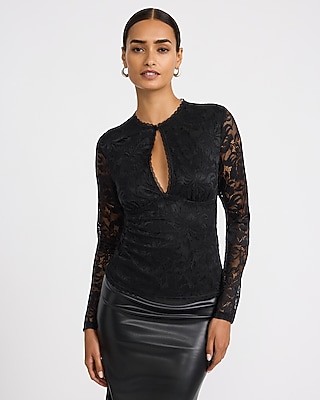 Lace Crew Neck Keyhole Long Sleeve Top | Express