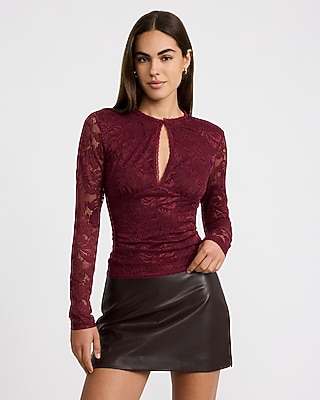 Lace Crew Neck Keyhole Long Sleeve Top | Express