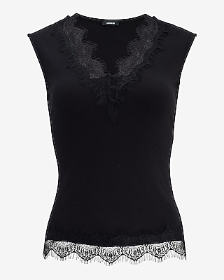 Ribbed Lace Trim V-Neck Button Front Tank