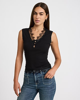 Ribbed Lace Trim V-Neck Button Front Tank