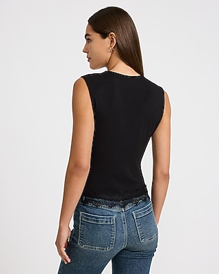 Ribbed Lace Trim V-Neck Button Front Tank