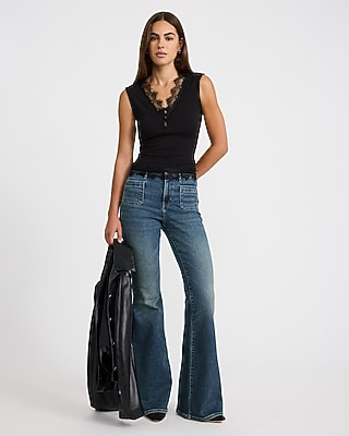 Ribbed Lace Trim V-Neck Button Front Tank