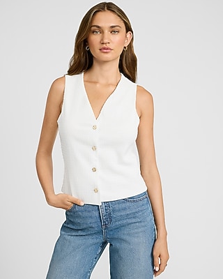 Textured V-neck Gold Button Vest Top | Express