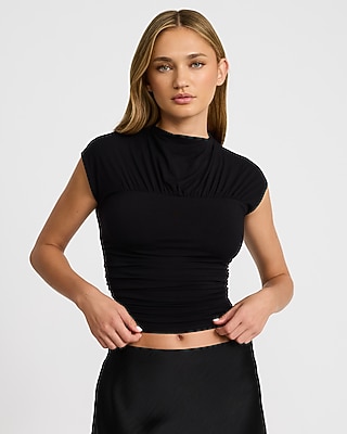 Mock Neck Cap Sleeve Ruched Tee
