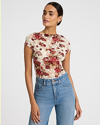 Floral V-neck Flutter Sleeve Ruched Top | Express
