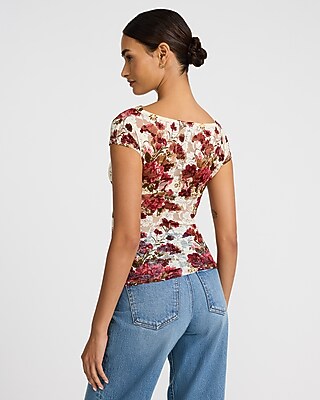 Floral Lace Boat Neck Short Sleeve Top | Express
