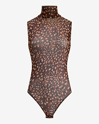 Printed Mesh Mock Neck Sleeveless Bodysuit