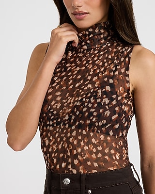 Printed Mesh Mock Neck Sleeveless Bodysuit