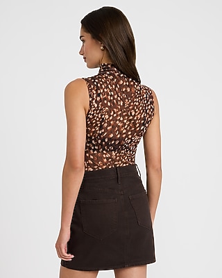 Printed Mesh Mock Neck Sleeveless Bodysuit