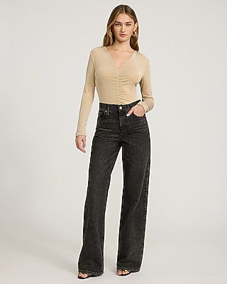 Shine V-Neck Long Sleeve Ruched Bodysuit