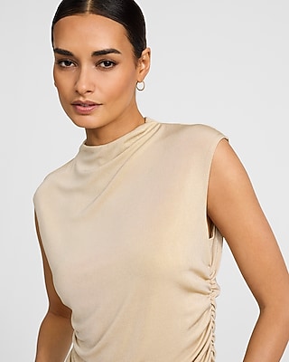 Metallic Mock Neck Cap Sleeve Ruched Tank