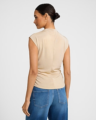Metallic Mock Neck Cap Sleeve Ruched Tank