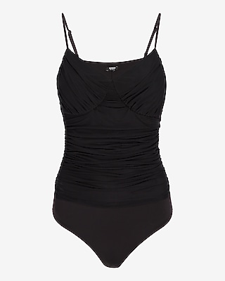 Body Contour Ruched Mesh V-Neck Bodysuit