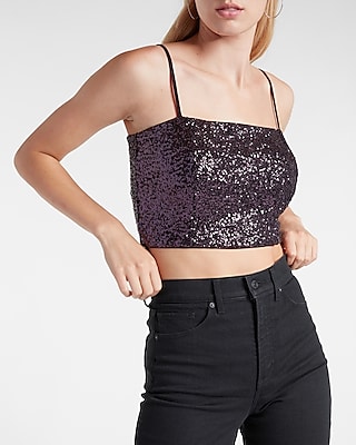 Floral Sequin Square Neck Cropped Cami