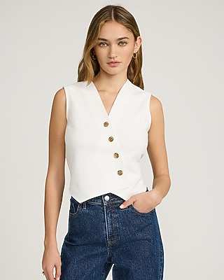 Ponte V-neck Asymmetrical Novelty Button Vest Top | Express