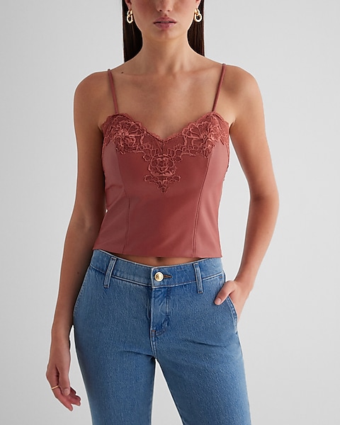 Body Contour Faux Leather Lace Cropped Cami | Express