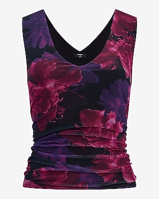 Floral Mesh Double V-Neck Ruched Tank