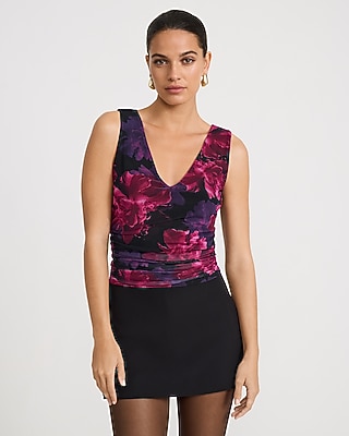 Floral Mesh Double V-Neck Ruched Tank