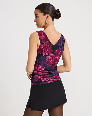 Floral Mesh Double V-Neck Ruched Tank