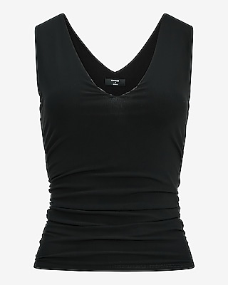 Mesh Double V-Neck Ruched Tank