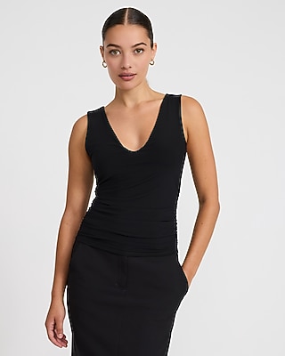 Mesh Double V-Neck Ruched Tank
