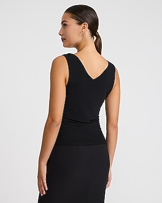 Mesh Double V-Neck Ruched Tank