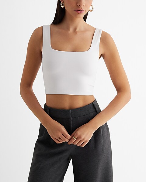 High-Neck White Ribbed Cropped Tank Top