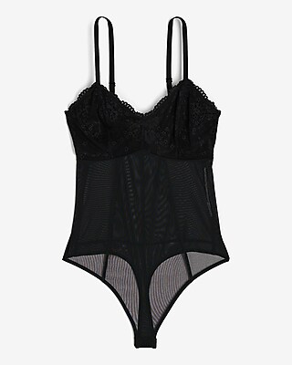 Fitted Lace Mesh V-Neck Bustier Bodysuit
