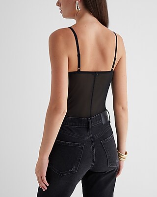 Fitted Lace Mesh V-Neck Bustier Bodysuit