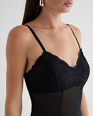Fitted Lace Mesh V-Neck Bustier Bodysuit