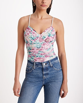 Body Contour Floral Ruched Mesh V-Neck Bodysuit