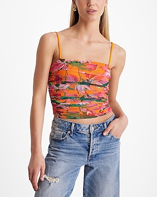 Body Contour Floral Ruched Mesh Cropped Cami