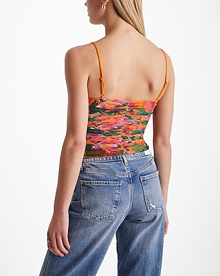 Body Contour Floral Ruched Mesh Cropped Cami