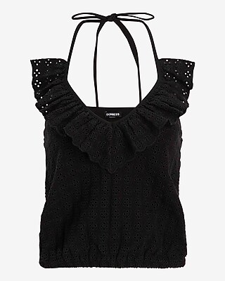 Eyelet Ruffle Halter V-Neck Bubble Tank - image 4
